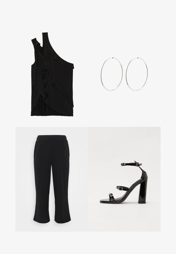 Haut asymétrique noir en tissu doux avec des volants sur le côté et une seule bretelle. Texture lisse avec des éléments de design drapés.; Pantalons noirs raccourcis en tissu lisse et texturé, taille élastique et plis devant. Jambes droites arrivant juste au-dessus de la cheville.; Sandales à talons hauts en cuir verni noir avec deux brides à boucles, bout carré et talon bloc épais, présentant une texture lisse et brillante.; Boucles d'oreilles en argent avec un design lisse et rond, et une finition polie. Elles sont fines et légères, avec un fermoir simple.