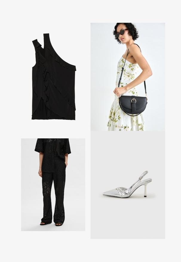 Ebaasne must ülasärk pehmest kangast, rippuvate frillide ja ühe rihmaga. Sile tekstuur, millel on drapeeritud disainielemendid.; Must muststukomplekt, mis sisaldab laia nööpidega särki ja pükse, mõlemad on valmistatud perforatsiooniga kangast, millel on lillemustrid ja mugav istuvus.; Hõbedased slingback kõrged kontsad terava ninaga, metalne viimistlus, kaks dekoratiivset rihma ja sihvakad kontsad musta otsaga.; Mustmust mustraha kõverate joontega, eemaldatava rihmaga ja kuldsete detailidega. Kotil on klapp, millel on pandladetail.