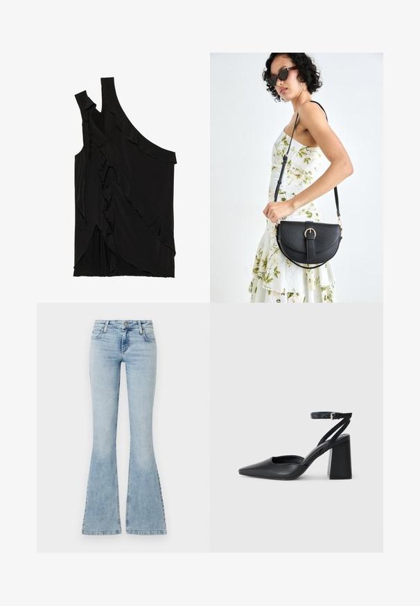 Asymmetrical black top in soft fabric featuring ruffles along the side and a single strap. Smooth texture with draped design elements.; Light blue denim flared jeans with a mid-rise waist, five pockets, and stitched detailing along the seams, featuring a metal button closure.; Black leather pointy-toe pump with an ankle strap and a chunky heel. Flat texture, sleek design, and minimalistic aesthetics.; Black leather handbag with a curved shape, detachable strap, and gold hardware. The bag features a flap with a buckle detail.
