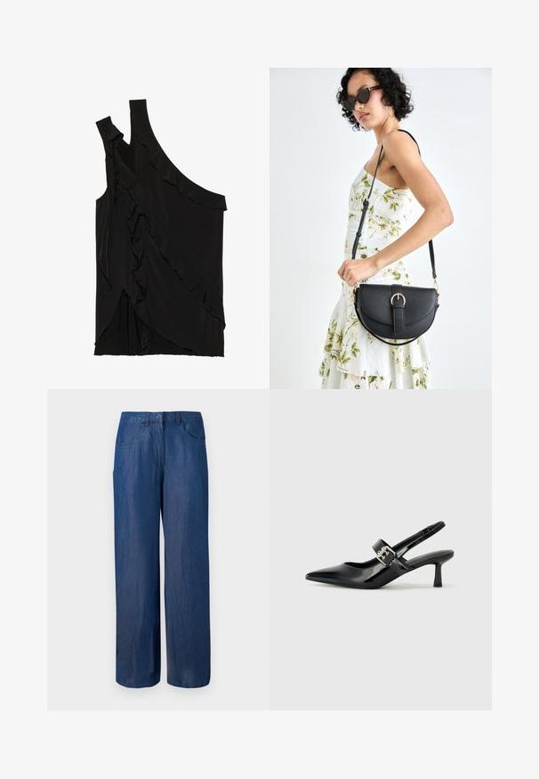 Asymmetrische zwarte top van zachte stof met rimpels aan de zijkant en een enkele band. Gladde textuur met gedrapeerde ontwerpelementen.; Wijdvallende spijkerbroek in donkerblauw. Gemaakt van katoen met een soepele textuur. Bevat twee voorzakken en een knoopsluiting in de taille.; Zwarte gepatineerde leren slingback hakken met een puntige neus en een kleine blokhak, met een zilveren gespaccent op de band.; Zwarte leren handtas met een gebogen vorm, afneembare schouderband en gouden hardware. De tas heeft een klep met een gespsluiting.
