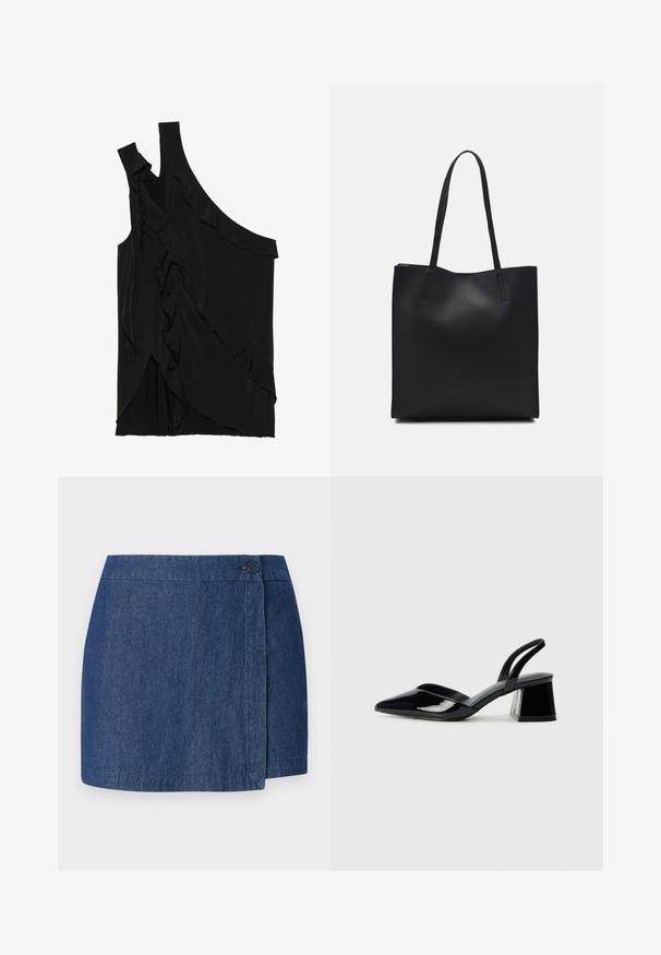 Asymetrický černý top z měkké tkaniny se volánky po straně a jedním ramínkem. Hladká textura s drapériemi.; Džínová sukně s designem do zavinování, tmavě modré barvy, s knoflíkovým zapínáním na pravé straně a rovním lemem. Jemná textura.; Černé lakované kožené lodičky na pásku s špičatou špičkou a geometrickým blokovým podpatkem. Vyznačují se elegantním, minimalistickým designem a hladkým povrchem.; Černá kožená taška přes rameno s hladkým povrchem, obdélníkovým tvarem a dvěma dlouhými uchy. Žádné viditelné kování ani ozdoby.