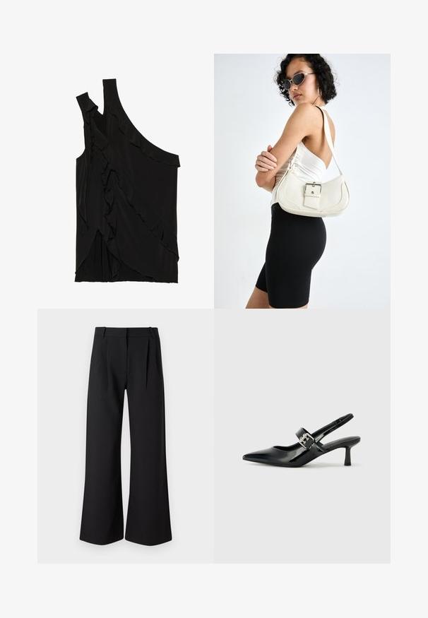 Asimetrična črna majica iz mehkega materiala s čipkami ob strani in enim naramnicom. Gladka tekstura z drapiranimi oblikovalskimi elementi.; Črne široke hlače z gladko teksturo, ki imajo zareze spredaj in ravno pasnico, primerne za formalno ali sproščeno nošnjo.; Črne patent usnjene slingback pete s koničastim nosom in majhnim blok peto, ki vključujejo srebrno zaponko na traku.; Bela usnjena torbica s ukrivljeno obliko, nastavljivim trakom in majhnim detajlom s sponko. Model nosi oprijet črno obleko.