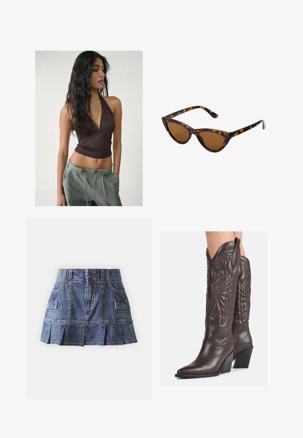 Hnedý top na krku s hlbokým výstrihom do V a zhrnutou látkou na dekolte, skombinovaný s voľnými, svetlo šedými cargo nohavicami s nastaviteľnými pásmi.; Hollister Co. PLEATED UTILITY SKIRT - Skladaná sukňa - medium denim; Hnedé kožené kovbojské topánky s špicatou špičkou a blokovým podrážkou, so zložitým prešívaním a vyvýšenými akcentmi na puzdre.; Mačacie slnečné okuliare s čiernym a oranžovým želvovinovým rámom, hnedými sklami a elegantnými, špicatými koncami. Obsahujú minimalistické logo na spánku.