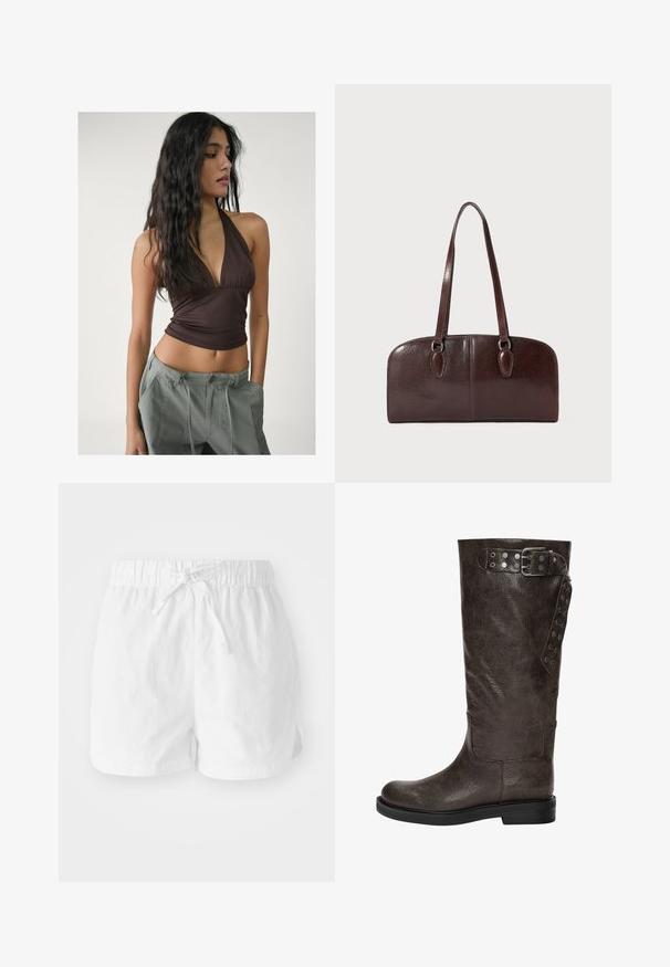 Bruine haltertop met een diepe V-hals en geraffineerde stof bij de buste, gecombineerd met losse, lichtgrijze cargobroeken met verstelbare taillebanden.; Witte katoenen shorts met een elastische tailleband en verstelbaar trekkoord. Voorzien van zijsplitten voor mobiliteit en een comfortabele pasvorm.; Bruine leren laars tot de knie met een gestructureerde afwerking, voorzien van een gespsluiting en drukknoopaccenten aan de zijkant, en een vlakke rubberen zool.; Bruine leren handtas met twee lange handvatten, een gestructureerde rechthoekige vorm, een gladde textuur en ronde randen. Beschikt over accentdetails bij de handvatten.