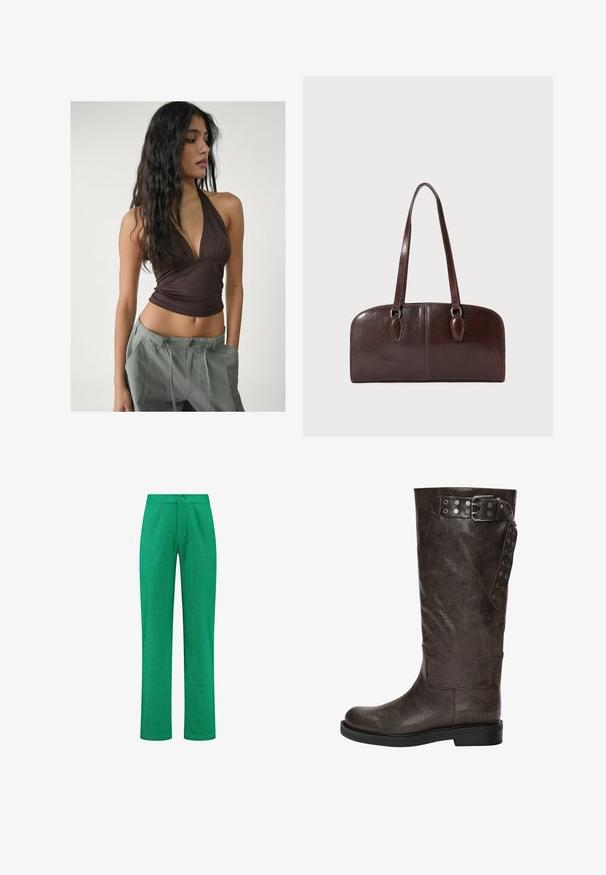 Hnědý halter top s hlubokým výstřihem do V a nabíraným materiálem na poprsí, doplněný o volné, světle šedé cargo kalhoty s nastavitelnými pásky v pase.; Zelené kalhoty rovného střihu s jedním knoflíkovým zapínáním v pase a strukturovanou tkaninou.; Hnědé kožené vysoké boty k kolenům s texturovaným povrchem, se sponou a cvočkovými detaily na boku, a plochou gumovou podrážkou.; Hnědá kožená kabelka s dvěma dlouhými uchy, strukturovaným obdélníkovým tvarem, hladkou texturou a zaoblenými hranami. Obsahuje dekorativní detaily na uších.