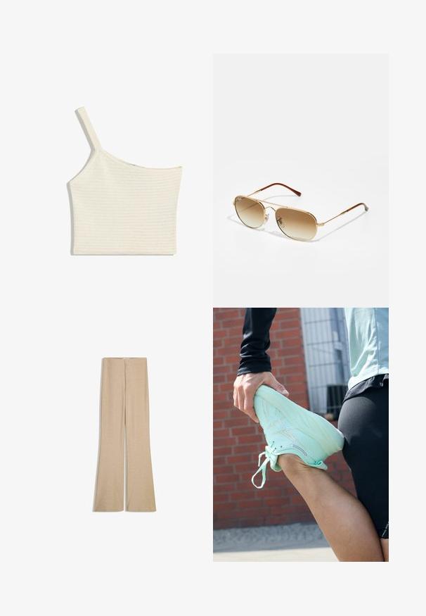 Witte, een-schouder crop top gemaakt van textuur gebreide stof. Met een enkele band en een rechte zoom, en subtiele ribbeldetails.; Beige uitlopende broek van een glanzende, gestructureerde stof met een soepele tailleband en een verborgen ritssluiting aan de achterkant. Vlakke voorkant zonder zakken.; ASICS GEL-NIMBUS 26 - Hardloopschoenen voor op de weg - mint tint/pale mint; Gouden piloten zonnebril met een verloop van bruine lenzen, metalen frame en bruine plastic uiteinden van de sombrero. Soepele textuur, minimale hardware details.