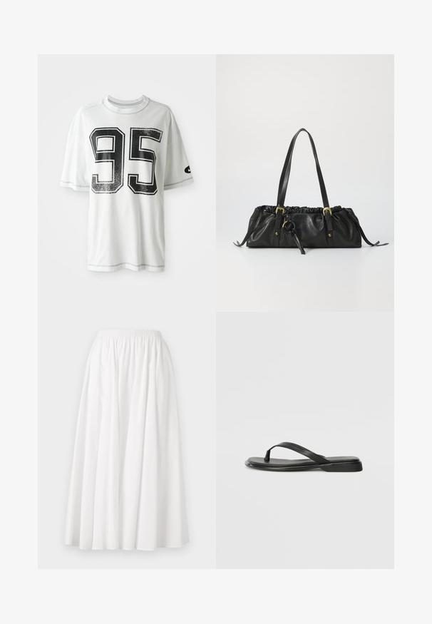 Valge lühikeste varrukatega T-särk, mille esiküljel on suur kulunud must number "95" ja vasakul varrukal väike must swoosh logo.; Valge, põlvekohane seelik, mis on valmistatud kerge materjali, elastse vöökoha ja laieneva, volangilisena kujundusegа.; Musta sussumood, mis on valmistatud siledast nahast. Sellel on õhuke rihma disain ja lame tald minimaalsete joontega. Mingeid silmatorkavaid mustreid või aktsente ei ole.; Must musta käekott volditud ülaosaga, kahe õlavarre rihmaga, kuldse ereduse detailidega ja keskel ringikujuline aksessuaar. Sile tekstuur, kompaktne kuju.