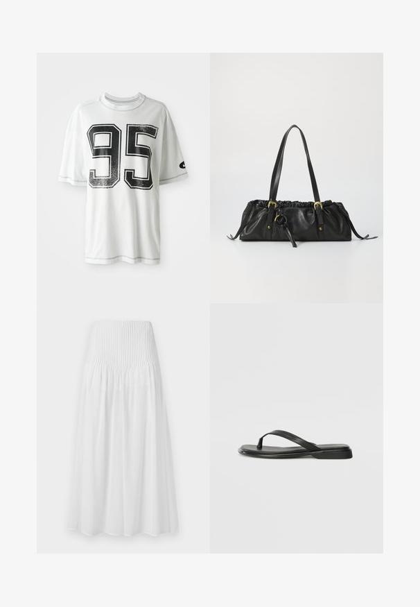 Valge lühikeste varrukatega T-särk, mille esiküljel on suur kulunud must number "95" ja vasakul varrukal väike must swoosh logo.; Valge midi seelik, millel on kummist vöökoht, kerge kangas ja voolav siluett. Sile tekstuur, ilma nähtavate mustrite või aktsendita.; Musta sussumood, mis on valmistatud siledast nahast. Sellel on õhuke rihma disain ja lame tald minimaalsete joontega. Mingeid silmatorkavaid mustreid või aktsente ei ole.; Must musta käekott volditud ülaosaga, kahe õlavarre rihmaga, kuldse ereduse detailidega ja keskel ringikujuline aksessuaar. Sile tekstuur, kompaktne kuju.