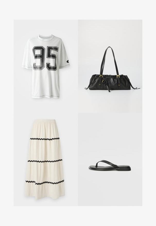 Witte T-shirt met korte mouwen, voorzien van een groot versleten zwart nummer "95" op de voorkant en een klein zwart swoosh-logo op de linker mouw.; Gelaagde enkellange rok van crème stof met zwarte golvende rand. Voorzien van een elastische tailleband voor extra comfort en een vloeiende, lichte val.; Zwarte teenflip-flop van glad leer, met een dunne band en een platte zool met een minimalistisch profiel. Geen opvallende patronen of accenten.; Zwarte leren handtas met een geraffineerde bovenkant, twee schouderbanden, gouden hardware en een centrale ronde accent. Gladde textuur, compacte vorm.