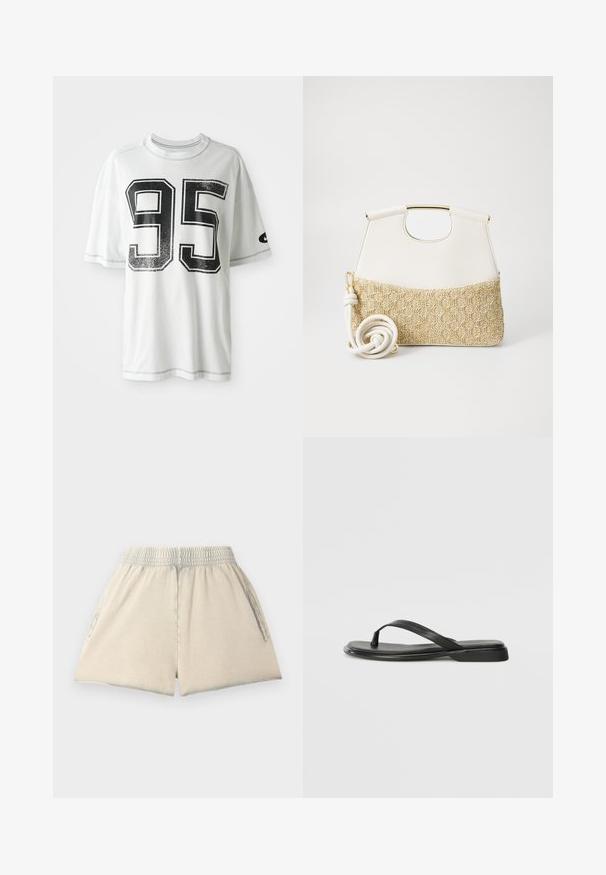 Balts īsām piedurknēm T-krekls ar lielu nolietotu melnu numuru "95" uz priekšpuses un mazu melnu "swoosh" logotipu kreisajā piedurknē.; Gaišs beigu kokvilnas šorti ar elastīgu jostu, divām sānu kabatām un brīvu piegriezumu. Audumam ir mīksta tekstūra un relaksēta forma.; Melni flip-flopi, kas izgatavoti no gludas ādas, ar plānu siksniņu dizainu un plakanu zoli ar minimālu profilu. Nav ievērojamu rakstu vai akcentu.; Balta ādas rokassoma ar strukturētu krēmkrāsas austu audumu apakšā. Iekļauj zeltaini rokturi un saritinātu baltu siksnu daudzveidībai.