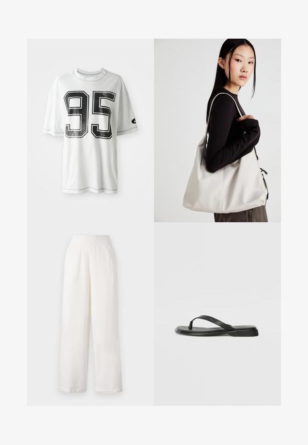 T-shirt branco de manga curta com um grande número "95" desgastado em preto na frente e um pequeno logótipo swoosh preto na manga esquerda.; Calças brancas de perna larga com um tecido texturizado e amassado. Apresentam uma cintura elástica e bolsos laterais para conveniência.; Chinelo preto feito de couro liso, com um design de tira fina e sola baixa com um perfil minimalista. Sem padrões ou acentos notáveis.; Uma bolsa bege feita de material macio, com um design descontraído, detalhes de costura e duas alças para o ombro. Adequada para uso diário.