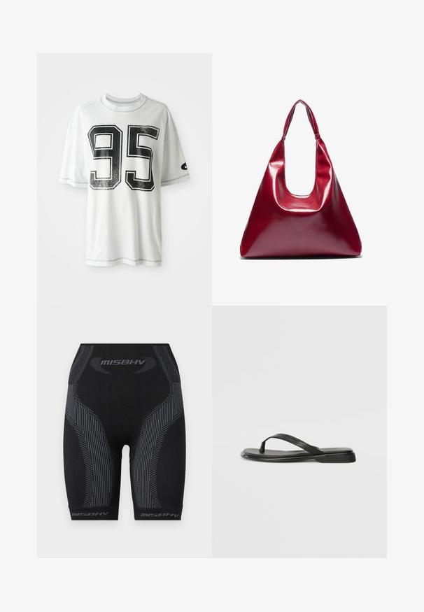 Bílý krátký rukáv tričko s velkým distressed černým číslem "95" na přední straně a malým černým logem swoosh na levém rukávu.; Černé atletické šortky s přiléhavým střihem, texturovanou látkou, svislými šedými pruhy a logem "MISBHV" na lemu.; Černé žabky vyrobené z hladké kůže, s tenkým designem popruhu a plochou podrážkou s minimálním profilem. Žádné výrazné vzory ani akcenty.; Červená lesklá kožená kabelka trojúhelníkového tvaru, široké horní otevírání a jeden zakřivený popruh. Hladký povrch s minimálními detaily šití.