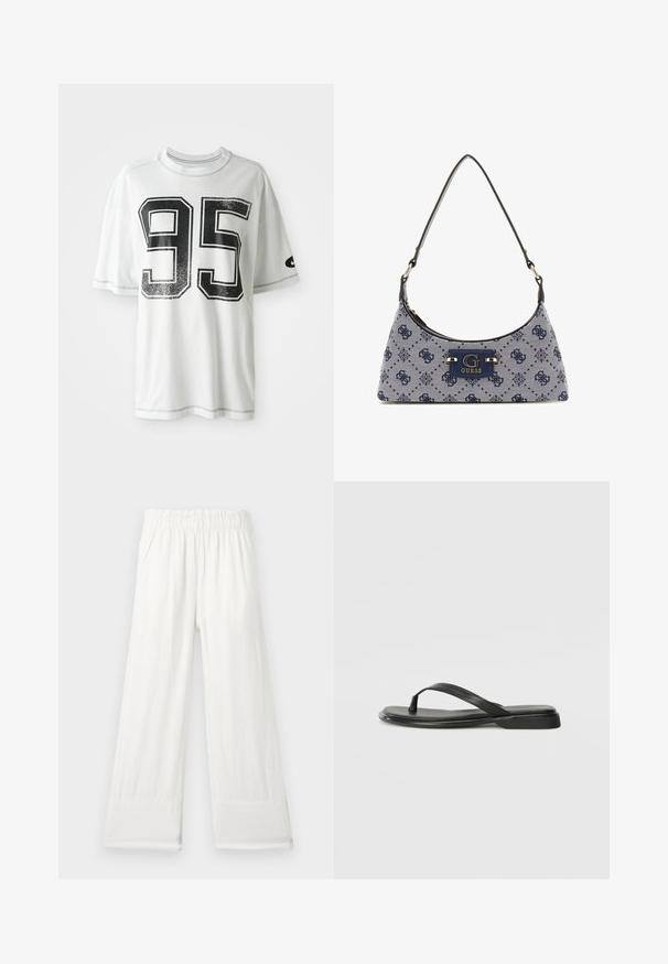 Fehér rövid ujjú póló, elöl nagyméretű, kopottas fekete "95" számmal, a bal ujján egy apró fekete swoosh logóval.; Fehér, könnyű nadrág széles szárú dizájnnal és rugalmas derékkal. Sima anyag, látható minták nélkül. Szegélyezett a bokánál.; Fekete papucs sima bőrből, vékony pántkel és lapos talppal rendelkezik, minimális profilú. Nincsenek kiemelkedő minták vagy díszítések.; Nehéz stílusú kézitáska sötétkék anyagból, gyémántmintával, logó plakettel és sima vállpánttal. Texturált felület.
