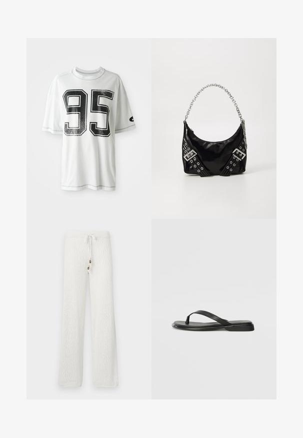 Bílý krátký rukáv tričko s velkým distressed černým číslem "95" na přední straně a malým černým logem swoosh na levém rukávu.; Bílé pletené domácí kalhoty s texturovaným vzorem, s elastickým pasem na šňůrku a dvěma dekorativními knoflíky vpředu.; Černé žabky vyrobené z hladké kůže, s tenkým designem popruhu a plochou podrážkou s minimálním profilem. Žádné výrazné vzory ani akcenty.; Černá kabelka z lakované kůže se lesklým stříbrným řetízkovým držadlem, s dekorativními pásky a kovovými oky. Elegantní, zaoblený tvar.
