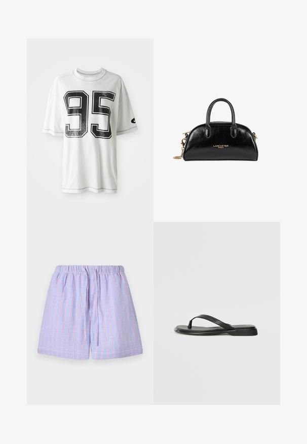 Witte T-shirt met korte mouwen, voorzien van een groot versleten zwart nummer "95" op de voorkant en een klein zwart swoosh-logo op de linker mouw.; Lichtpaarse shorts met roze verticale strepen, voorzien van een elastische tailleband en trekkoord. Gemaakt van zachte stof met een ontspannen pasvorm.; Zwarte teenflip-flop van glad leer, met een dunne band en een platte zool met een minimalistisch profiel. Geen opvallende patronen of accenten.; Zwarte leren handtas met een gebogen ontwerp, dubbele handgrepen, gouden hardware en een schouderriem van kettingen. Bevat het logo "Lancaster Paris."
