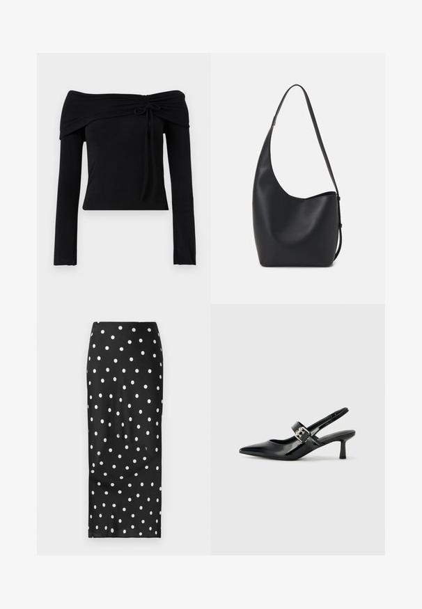 Črna majica brez naramnic z dolgimi rokavi, ki ima detajl s trakom na ovratniku in prilegnjen silhuet. Gladek, raztegljiv material.; Črna krilo s pikami v beli barvi, izdelano iz gladkega blaga. Ima raven kroj, dolžino do kolen in elastičen pas.; Črne patent usnjene slingback pete s koničastim nosom in majhnim blok peto, ki vključujejo srebrno zaponko na traku.; Črna usnjena hobo torba z gladko teksturo, ukrivljeno obliko in eno nastavljivo naramnico; ima širok odprtina na vrhu.