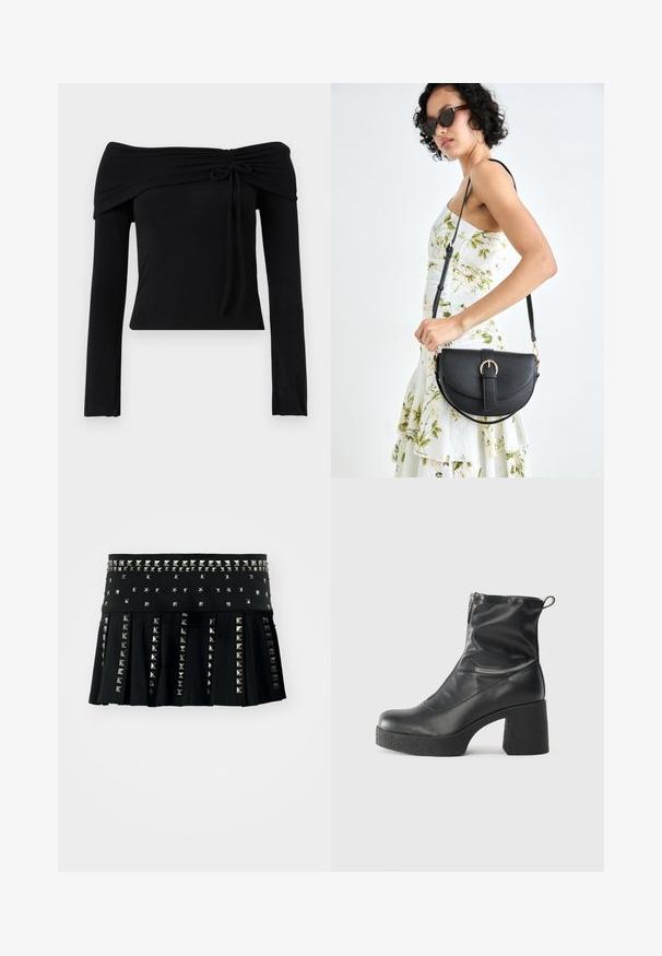 Svart avlang topp med lange ermer, med bånddetalj ved halslinningen og en tettsittende silhuett. Glatt, elastisk stoff.; Jaded London MICRO STUDDED SKIRT - Miniskjørt - black; Svarte ankelstøvler laget av glatt lær, med glidelås på siden, chunky strukturert hæl, og rund tå-design.; Svart lærveske med en buet form, avtagbar stropp og gullbeslag. Vesken har et klaff med spenne-detall.