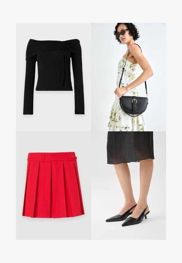 Crni top bez naramenica s dugim rukavima, s detaljem vezivanja na izrezu i prilagođenim siluetom. Glatka, rastezljiva tkanina.; Crvena plisirana suknja izrađena od tkanine s glatkom teksturom. Ima pojas s petljama za remen i strukturalne plisove za dodatni volumen.; Crne štikle na petu s otvorenom petnom sigurnosnom trakom, s sjajnom završnicom, vitkom petom i otvorenim dizajnom straga. Teksturalni uzorak na gornjem materijalu.; Crna kožna torba s lukovitim oblikom, odvojivim remenom i zlatnim detaljima. Torba ima preklop s kopčom.