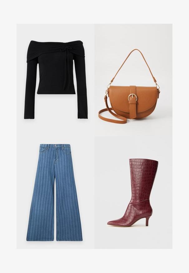 Top negru cu umeri la vedere, cu mâneci lungi, prezentând un detaliu legat la gât și o siluetă ajustată. Material neted și elastic.; Jeans cu picioare largi din denim de culoare albastru mediu, cu dungi verticale, prezentând un închidere cu buton, cinci buzunare și detalii cusute pe cusături.; Cizmă scurtă burgundy, cu textură de crocodil, vârf ascuțit și toc kitten, pe un fundal neutru.; Geantă din piele maro, tip crossbody, cu o formă curbată, accesorii aurii și un accent cu cataramă. Dispune de un curea de umăr detașabilă.