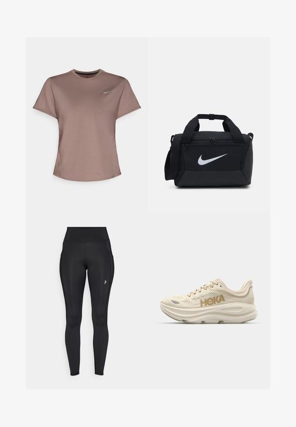T-shirt de sport marron à col rond, manches courtes et détails subtils sur les côtés. Présente un petit logo réfléchissant de Nike sur la poitrine.; Leggings noirs en tissu extensible, à taille haute, avec des poches latérales et un petit logo sur la cuisse gauche.; Baskets de course beige clair avec tige en mesh, col rembourré, logo "HOKA" en or bien en évidence, et semelle épaisse et rembourrée pour plus de confort.; Un sac de sport noir en tissu lisse, avec des compartiments à double fermeture éclair, des poignées rembourrées et un grand logo Nike blanc sur le devant.