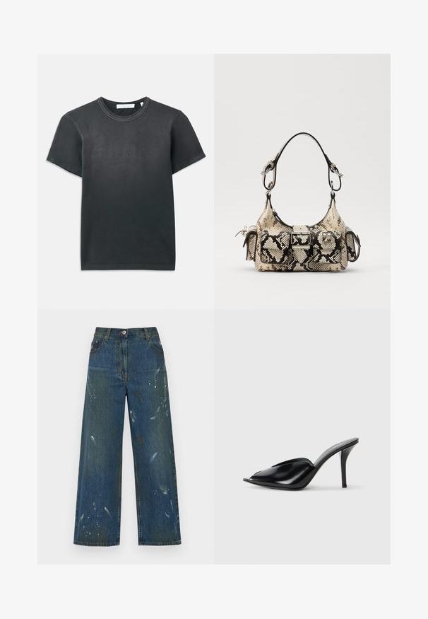 Must t-särk lühikeste varrukatega, musta värvi, millel on soonikuga ümmargune kaelus ja reliefne "HELMUT LANG" logo ees. Sujuv tekstuur.; Tumedast denimist laiad püksid, mis on kaunistatud värviplekkide detailidega. Klassikaline viie taskuga disain ja nööpkinnitus vööosas.; Mustad nahast kõrge kontsaga mulad avatud varbaga, terava disainiga, siledapinnalised ja kitsaste stilettokontsadega.; Pruuni ja musta värvi nahkjeskott, millel on struktureeritud kuju, pandla detail ja kaks õlarihma. Tekstureeritud pind.