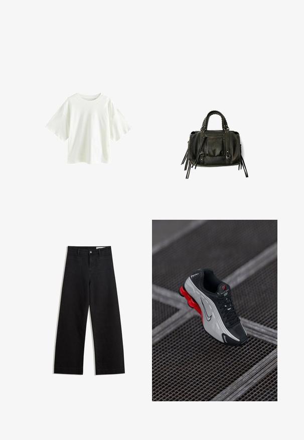 Lätt, kortärmad vit t-shirt i bomull. Har en avslappnad passform med rund halsringning och sänkta axelsömmar.; Svarta vida denimbyxor med hög midja, med fram- och bakfickor, sydda sömmar och knappstängning. Slät textur.; Svart och grå atletisk sko med röd dämpad sula, svarta snörningar och swoosh-logotyp som vilar på en metallgrillad yta.; Svart läderhandväska med flätade handtag, dragkedjefack och hängande pom poms. Texturerad yta med metallnitar och hårdvaruaccenter.