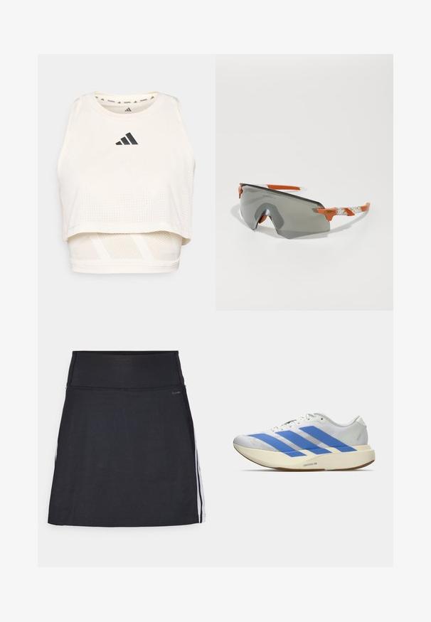 Baltas sportinis trumpas tank topas, pagamintas iš kvėpuojančios medžiagos. Turi apvalų iškirpimą, perforuotą tekstūrą ir juodą logotipą priekyje.; Juodas sportinis šortai su plačiu juosmeniu, pagaminti iš tamprios medžiagos. Su baltais šoninėmis juostelėmis ir lygiu, besiūliu paviršiumi.; Balti sportiniai batai su mėlynomis juostelėmis, tekstūruota viršutinė dalis, plokščias padas ir „LIGHTSTRIKE PRO“ prekės ženklas šone. Žemas profilis.; Sportiniai akiniai nuo saulės su pilku lęšiu, oranžinėmis detalėmis ir raštuotomis baltomis kojelėmis. Sukurta našumui, su apvalia forma.