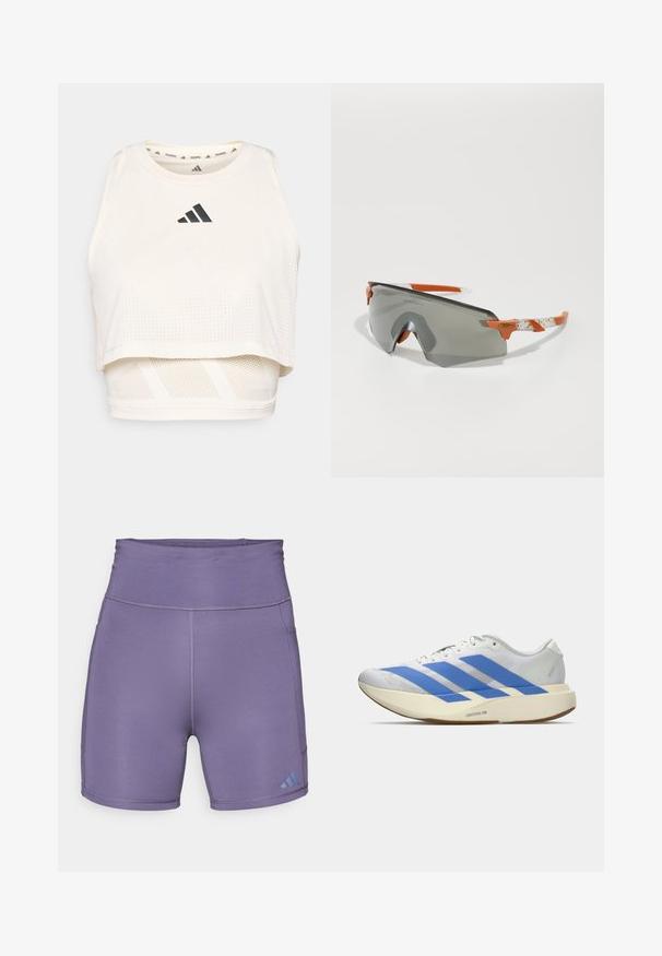 Débardeur court sportif blanc en tissu respirant. Présente un col rond, une texture perforée et un logo noir sur le devant.; Shorts de sport violets avec une taille haute, texture lisse, et logo bleu contrastant en bas à gauche. Présente des coutures à plat.; Chaussure de sport blanche avec des rayures bleues, dessus texturé, semelle plate et marquage "LIGHTSTRIKE PRO" sur le côté. Design bas.; Lunettes de sport avec un verre gris, des accents orange et des branches blanches à motifs. Conçues pour les performances avec une forme enveloppante.