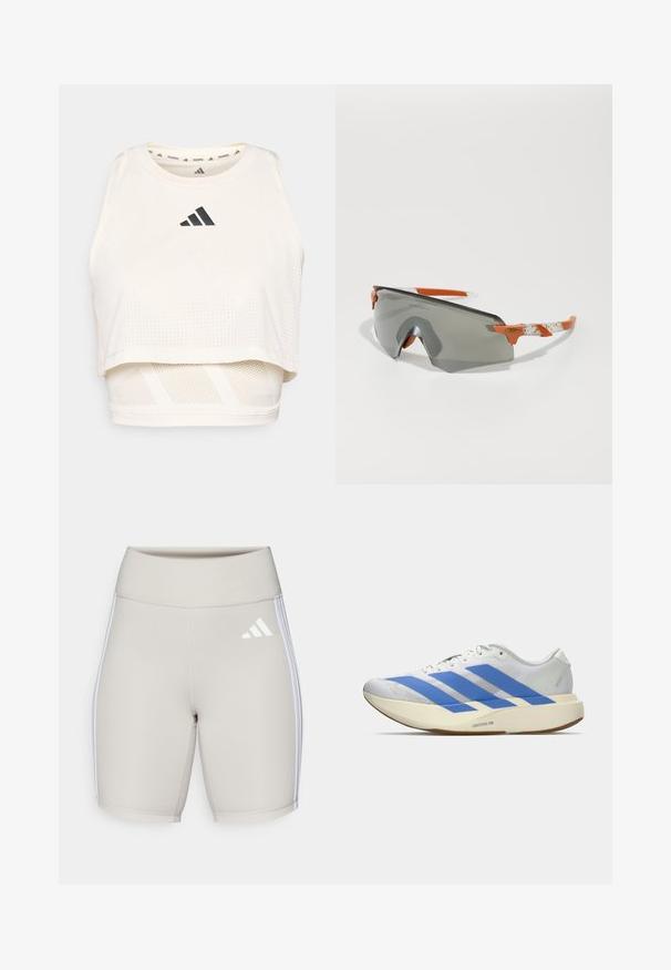 Bijela sportska kratka majica izrađena od prozračnog materijala. Ima okrugli izrez, perforiranu teksturu i crni logo sprijeda.; Bež sportske kratke hlače s visokim strukom, glatke teksture, s tri bijele pruge sa strane i malim bijelim logotipom sprijeda.; Bijela atletska cipela s plavim prugama, teksturiranim gornjim dijelom, ravnim potplatom i "LIGHTSTRIKE PRO" oznakom sa strane. Nizak profil.; Sportske naočale s sivim lećama, narančastim naglascima i uzorkovanim bijelim drškama. Dizajnirane za performanse s oblikom koji obavija.