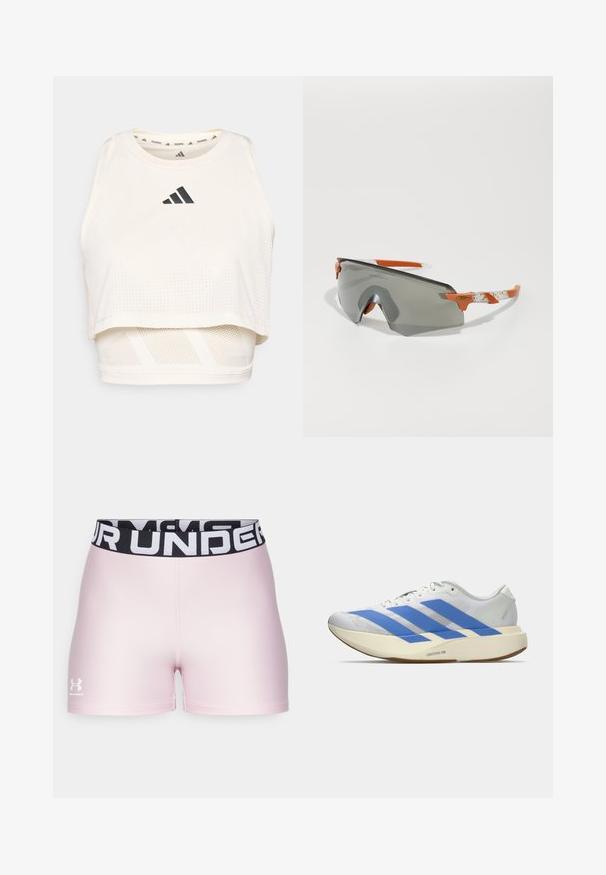 White athletic crop tank top made from breathable fabric. Features a round neckline, perforated texture, and a black logo on the front.; Pink athletic shorts made of smooth material with a black elastic waistband featuring white "UNDER ARMOUR" text. Logo on the lower left.; White athletic shoe with blue stripes, textured upper, flat sole, and "LIGHTSTRIKE PRO" branding on the side. Low-profile design.; Sport sunglasses with a gray lens, orange accents, and patterned white arms. Designed for performance with a wraparound shape.