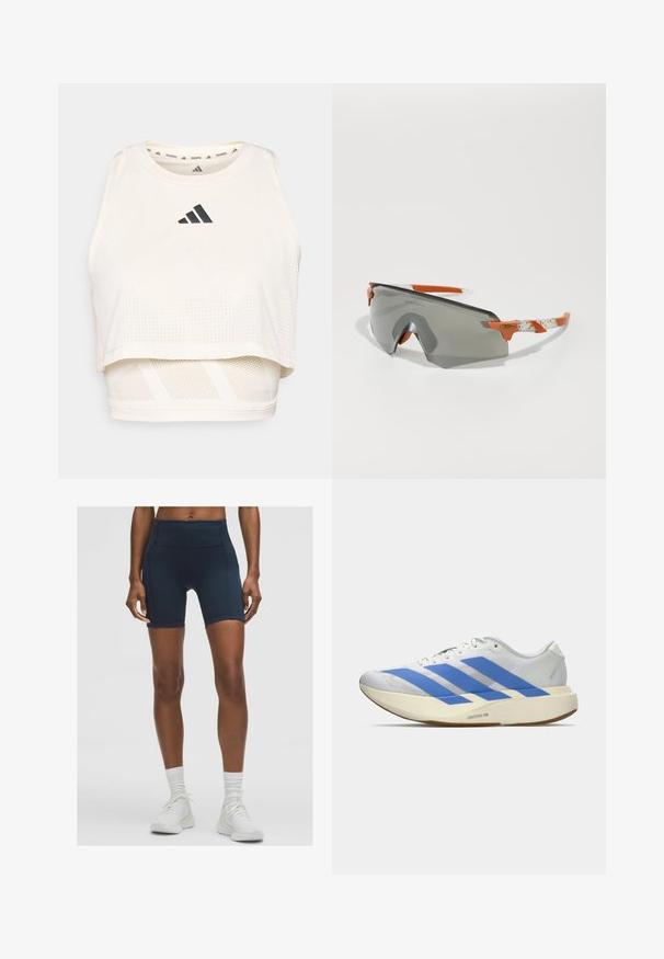 Balts sportisks uzgrieztais t-krekls, kas izgatavots no elpojoša auduma. Tam ir apaļš kakla izgriezums, caurspīdīga tekstūra un melna logo priekšpusē.; Augstas jostas līmeņa tumši zili sporta šorti, izgatavoti no elastīga auduma, ar gludu tekstūru un šuvju detalizāciju. Apvienoti ar baltām sporta apavām.; Baltas sporta apavi ar ziliem svītrām, teksturēta virsma, plakans zole un "LIGHTSTRIKE PRO" logo sānos. Zema profila dizains.; Sporta saulesbrilles ar pelēkiem stikliem, oranžiem akcentiem un rakstainām baltām kājām. Izstrādātas veiktspējai ar apņemjo formu.