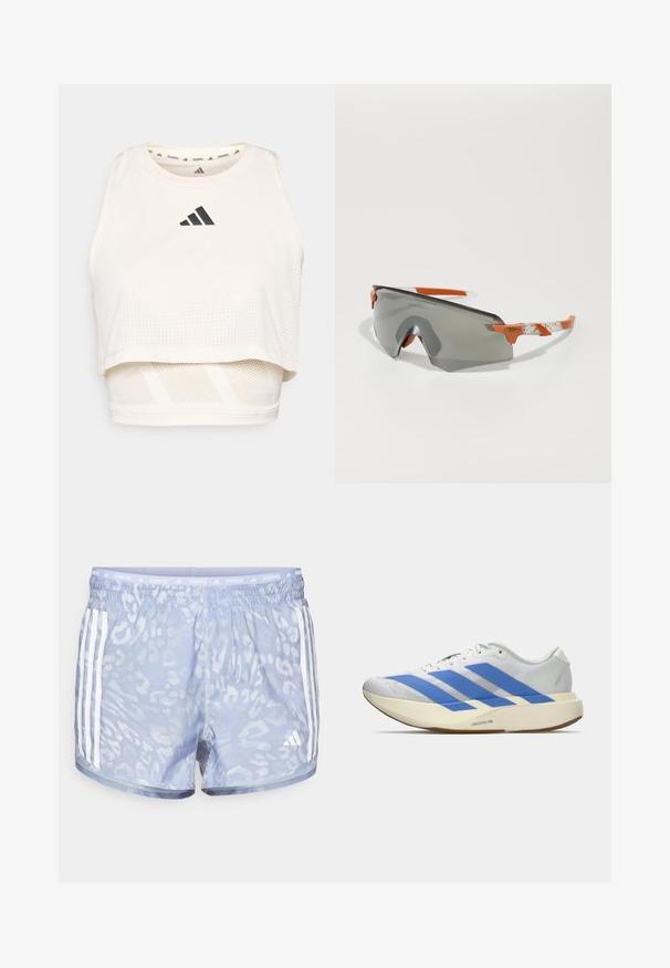 Fehér sportos crop tank top lélegző anyagból. Kerek nyakú, perforált textúrájú, és fekete logó található elöl.; Világoskék futónadrág, amely diszkrét leopárdmintázattal, elasztikus derékpánttal és mindkét oldalon három fehér csíkkal rendelkezik.; Fehér sportcipő kék csíkkal, textúrált felső résszel, lapos talppal és "LIGHTSTRIKE PRO" felirattal az oldalon. Alacsony profilú dizájn.; Sport napszemüveg szürke lencsével, narancssárga részletekkel és mintázott fehér szárakkal. Teljesítményre tervezve, körbeölelő formával.