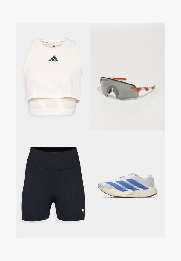 Top de treino curto branco feito de tecido respirável. Apresenta um decote redondo, textura perfurada e um logótipo preto na frente.; Calções atléticos pretos com um tecido suave e painéis laterais em rede. Apresentam uma cintura larga e um pequeno logótipo na parte inferior da perna.; Sapatilha atlética branca com riscas azuis, superior texturizado, sola plana e marca "LIGHTSTRIKE PRO" na lateral. Design de perfil baixo.; Óculos de sol desportivos com lentes cinzentas, detalhes laranja e hastes brancas estampadas. Projetados para performance com um formato envolvente.