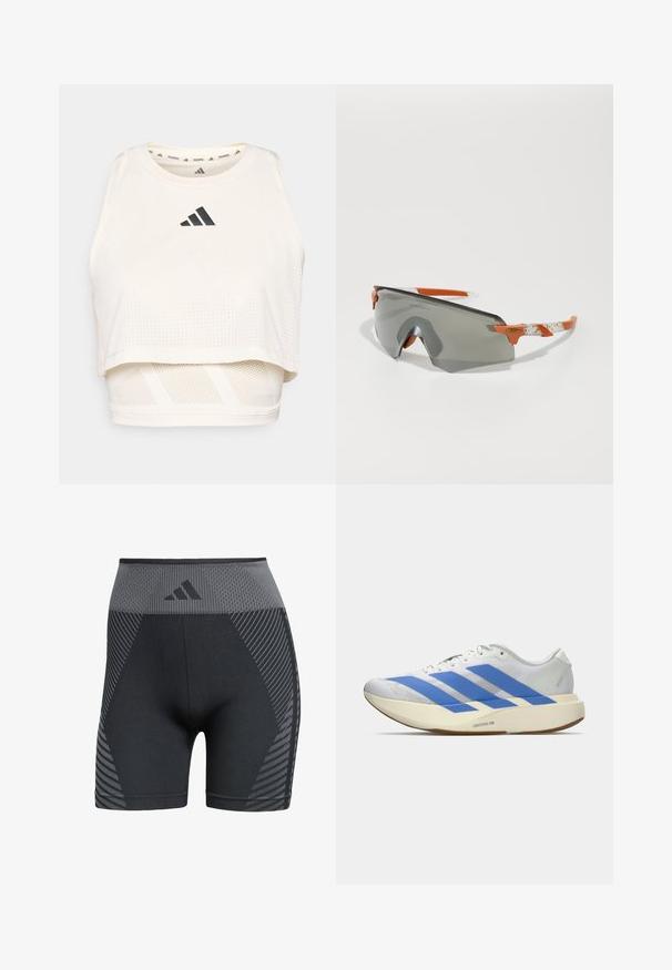 Witte sportieve crop tanktop gemaakt van ademend materiaal. Beschikt over een ronde halslijn, geperforeerde textuur en een zwart logo aan de voorkant.; Hoogwaardige zwarte sportshorts met een meshstructuur, voorzien van grijze geometrische patronen en een logo op de tailleband, gemaakt van flexibel materiaal.; Witte sportschoen met blauwe strepen, geztructureerde bovenkant, platte zool en "LIGHTSTRIKE PRO" branding aan de zijkant. Laag profiel ontwerp.; Sportzonnebril met een grijze lens, oranje accenten en patroon in de witte armen. Ontworpen voor prestaties met een rondlopende vorm.