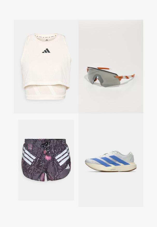 Biely športový crop tank top vyrobený z priedušného materiálu. Obsahuje okrúhly výstrih, perforovanú textúru a čierne logo na prednej strane.; adidas Performance SHORT - Športové šortky - black; Biele športové tenisky s modrými pruhmi, textúrovaný zvršok, plochá podrážka a branding "LIGHTSTRIKE PRO" po boku. Nízky profil.; Športové slnečné okuliare so šedým sklom, oranžovými akcentmi a vzorovanými bielymi ramenami. Navrhnuté pre výkon s obopínajúcim tvarom.