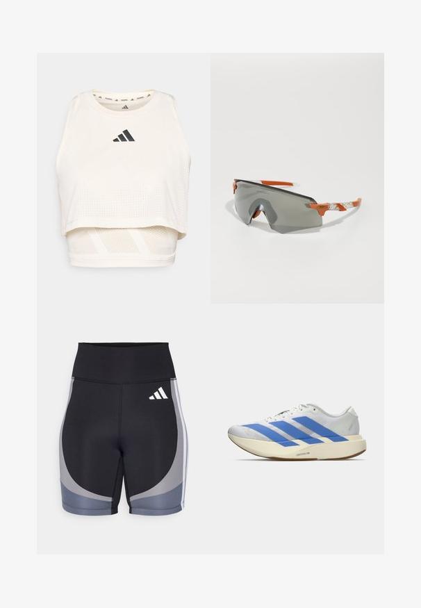 Fehér sportos crop tank top lélegző anyagból. Kerek nyakú, perforált textúrájú, és fekete logó található elöl.; Fekete sportnadrág szürke részletekkel. Rugalmas anyagból készült, magas derékpánttal és oldalsó panelt kialakítással, fehér márkajelzéssel.; Fehér sportcipő kék csíkkal, textúrált felső résszel, lapos talppal és "LIGHTSTRIKE PRO" felirattal az oldalon. Alacsony profilú dizájn.; Sport napszemüveg szürke lencsével, narancssárga részletekkel és mintázott fehér szárakkal. Teljesítményre tervezve, körbeölelő formával.