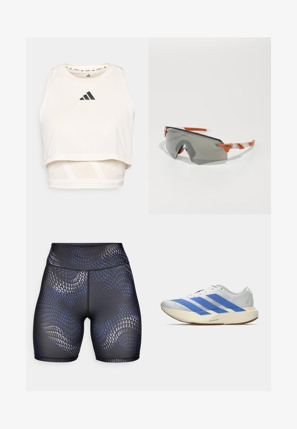 Bílý sportovní crop top vyrobený z prodyšného materiálu. Má kulatý výstřih, perforovanou texturu a černé logo na přední straně.; Vysoké černé šortky vyrobené z elastického materiálu s vlnitým modro-stříbrným vzorem. Hladká textura s kontrastním prošíváním.; Bílé sportovní boty s modrými pruhy, texturovaný svršek, plochá podrážka a branding "LIGHTSTRIKE PRO" na boku. Nízkoprofilový design.; Sportovní sluneční brýle se šedými skly, oranžovými doplňky a vzorovanými bílými rameny. Navrženy pro výkon s obepínajícím tvarem.