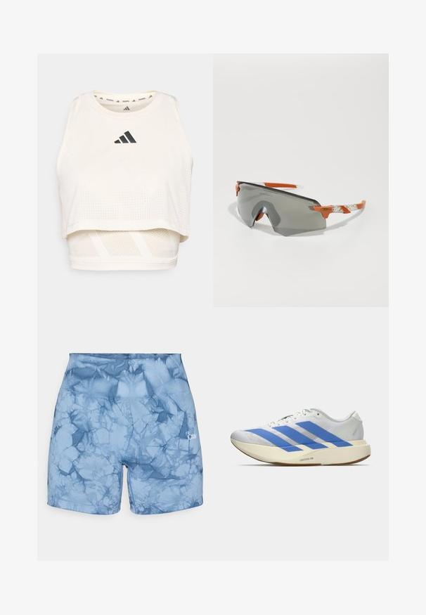 Fehér sportos crop tank top lélegző anyagból. Kerek nyakú, perforált textúrájú, és fekete logó található elöl.; Kék sportos rövidnadrág, amelynek batikolt mintázata van, bordázott derékpánttal és oldalsó logórésszel. Rugalmas anyagból készült.; Fehér sportcipő kék csíkkal, textúrált felső résszel, lapos talppal és "LIGHTSTRIKE PRO" felirattal az oldalon. Alacsony profilú dizájn.; Sport napszemüveg szürke lencsével, narancssárga részletekkel és mintázott fehér szárakkal. Teljesítményre tervezve, körbeölelő formával.
