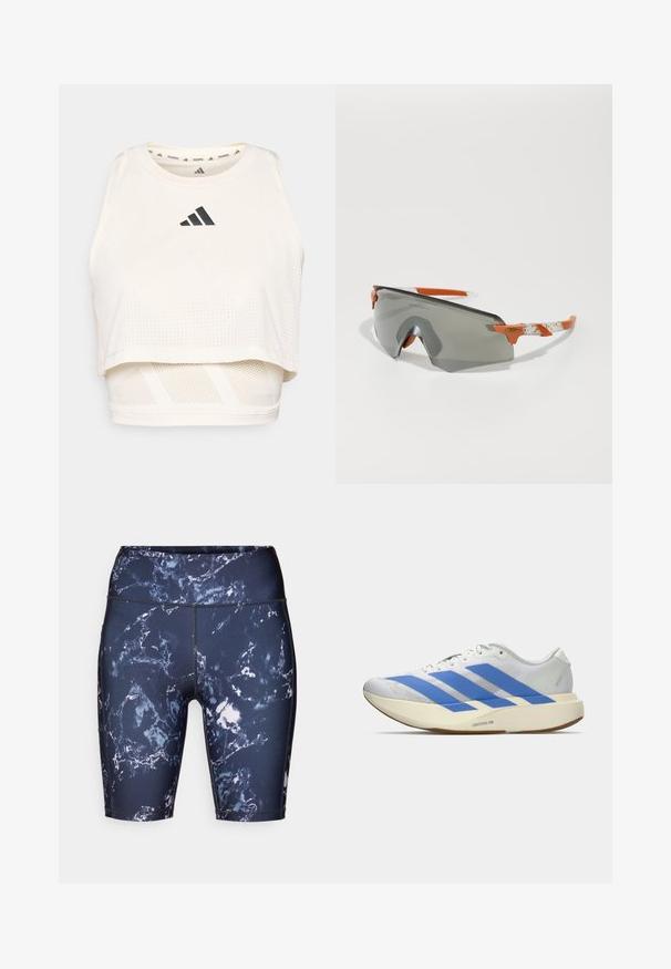 Fehér sportos crop tank top lélegző anyagból. Kerek nyakú, perforált textúrájú, és fekete logó található elöl.; Sötétkék márvány mintás sport rövidnadrág fehér és szürke kiegészítőkkel. Rugalmas anyagból készült, és magas derékbőség jellemzi.; Fehér sportcipő kék csíkkal, textúrált felső résszel, lapos talppal és "LIGHTSTRIKE PRO" felirattal az oldalon. Alacsony profilú dizájn.; Sport napszemüveg szürke lencsével, narancssárga részletekkel és mintázott fehér szárakkal. Teljesítményre tervezve, körbeölelő formával.