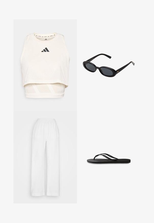 Top corto sportivo bianco realizzato in tessuto traspirante. Presenta un collo rotondo, una texture perforata e un logo nero sulla parte anteriore.; Pantaloni bianchi a gamba larga realizzati in un tessuto leggero e testurizzato con vita elasticizzata. Presentano una vestibilità ampia con gambe dritte e senza tasche.; Infradito neri con suola in gomma testurizzata, due cinghie sottili e un sottile dettaglio del logo impresso sulla cinghia.; Occhiali da sole neri oversize con lenti ovali, montatura in plastica liscia e accenti dorati sulle tempie. Le lenti scure offrono protezione dal sole.; Orologio digitale Casio con quadrante nero, cinturino in acciaio inox argentato, cassa rettangolare e pulsanti per luce, azzeramento giro e regolazioni della modalità.