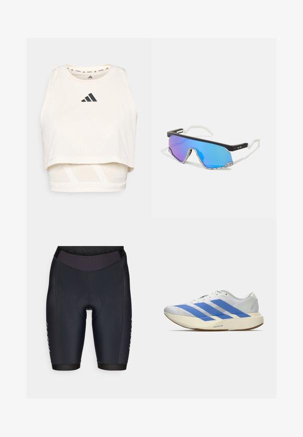 Valkoinen urheilullinen lyhyt tankkitoppi, joka on valmistettu hengittävästä kankaasta. Siinä on pyöreä kaula-aukko, rei'itetty pinta ja musta logo edessä.; Mustat pyöräilyhousut, joissa on tiukka malli, valmistettu sileästä joustavasta kankaasta. Housuissa on tiukka vyötärö ja vahvistettu istuinosan pehmuste.; Valkoinen urheilukenkä, jossa on siniset raidat, teksturoitu päällinen, litteä pohja ja "LIGHTSTRIKE PRO" -brändäys sivussa. Matala profiili.; Urheilulasit, joissa on musta runko, valkoiset korostukset ja siniset liukuväriset peilikyylit. Strukturoidut valkoiset ja mustat kuvioidut sankat.