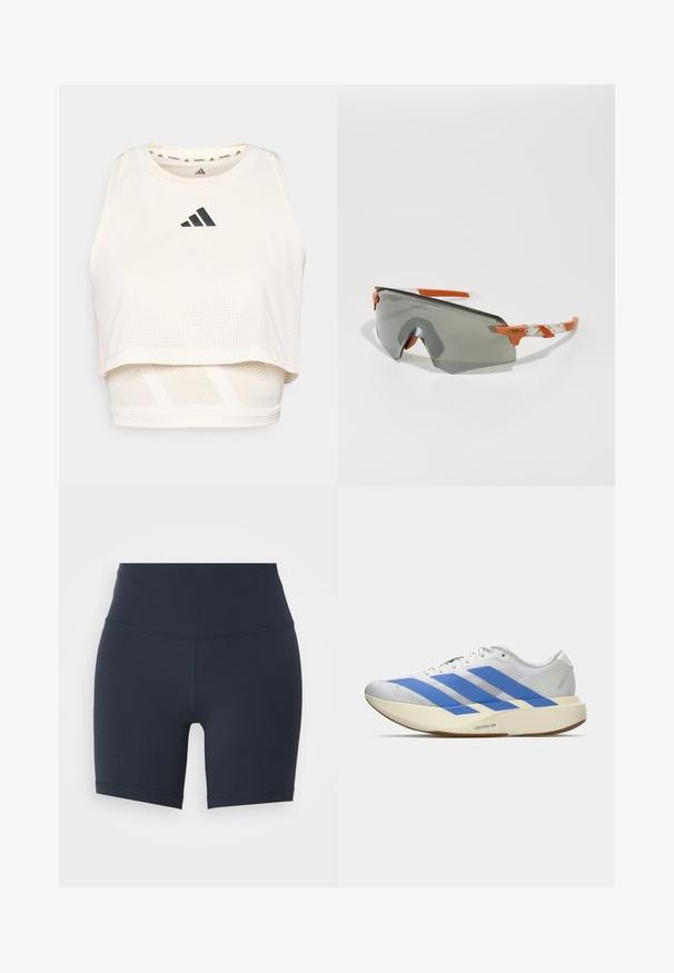 Witte sportieve crop tanktop gemaakt van ademend materiaal. Beschikt over een ronde halslijn, geperforeerde textuur en een zwart logo aan de voorkant.; Marineblauwe high-waisted sportshorts van rekbaar materiaal, met een gladde textuur en contrasterende stiksels langs de naden.; Witte sportschoen met blauwe strepen, geztructureerde bovenkant, platte zool en "LIGHTSTRIKE PRO" branding aan de zijkant. Laag profiel ontwerp.; Sportzonnebril met een grijze lens, oranje accenten en patroon in de witte armen. Ontworpen voor prestaties met een rondlopende vorm.