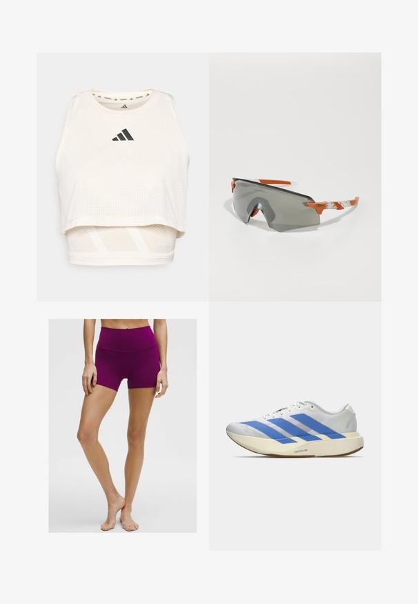 Bijela sportska kratka majica izrađena od prozračnog materijala. Ima okrugli izrez, perforiranu teksturu i crni logo sprijeda.; Visoke ljubičaste sportske kratke hlače izrađene od rastezljivog materijala, s glatkom teksturom i prilagođenim dizajnom, koje završavaju u sredini butina.; Bijela atletska cipela s plavim prugama, teksturiranim gornjim dijelom, ravnim potplatom i "LIGHTSTRIKE PRO" oznakom sa strane. Nizak profil.; Sportske naočale s sivim lećama, narančastim naglascima i uzorkovanim bijelim drškama. Dizajnirane za performanse s oblikom koji obavija.