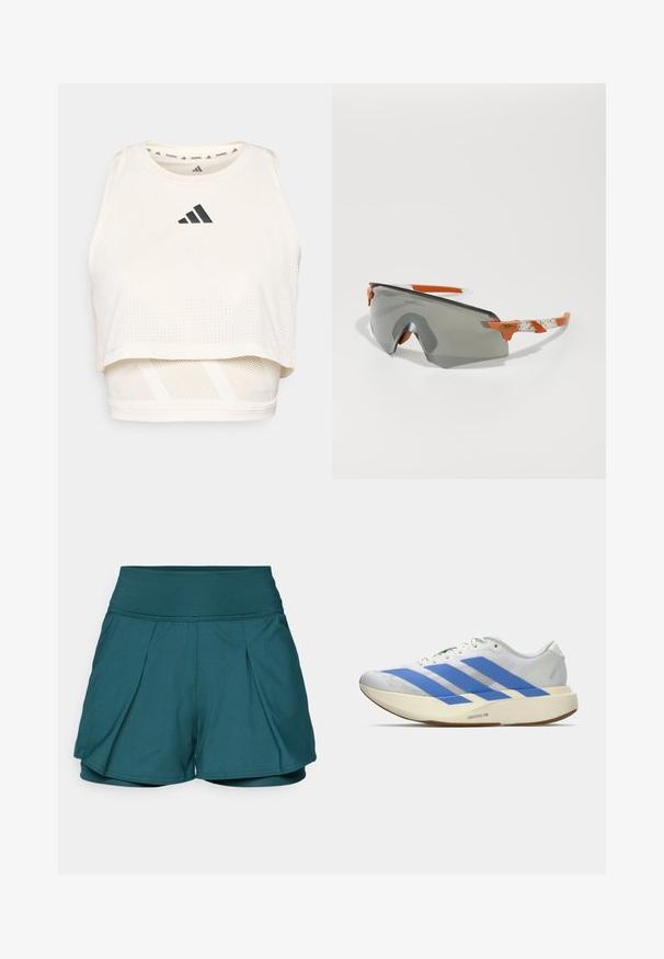 Witte sportieve crop tanktop gemaakt van ademend materiaal. Beschikt over een ronde halslijn, geperforeerde textuur en een zwart logo aan de voorkant.; Cyan sportieve shorts met een hoge taille, voorzien van plooien, een gladde textuur en ademend materiaal. Geschikt voor actieve kleding.; Witte sportschoen met blauwe strepen, geztructureerde bovenkant, platte zool en "LIGHTSTRIKE PRO" branding aan de zijkant. Laag profiel ontwerp.; Sportzonnebril met een grijze lens, oranje accenten en patroon in de witte armen. Ontworpen voor prestaties met een rondlopende vorm.