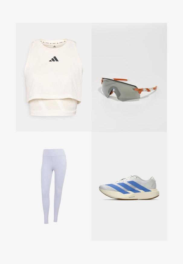 Top corto sportivo bianco realizzato in tessuto traspirante. Presenta un collo rotondo, una texture perforata e un logo nero sulla parte anteriore.; Leggings di un leggero viola realizzati in tessuto elasticizzato. Design a vita alta con una superficie liscia e senza cuciture o motivi visibili.; Scarpa da atletica bianca con strisce blu, tomaia testurizzata, suola piatta e marchio "LIGHTSTRIKE PRO" sul lato. Design a profilo basso.; Occhiali da sole sportivi con lenti grigie, dettagli arancioni e bracci bianchi a motivi. Progettati per le prestazioni con una forma avvolgente.