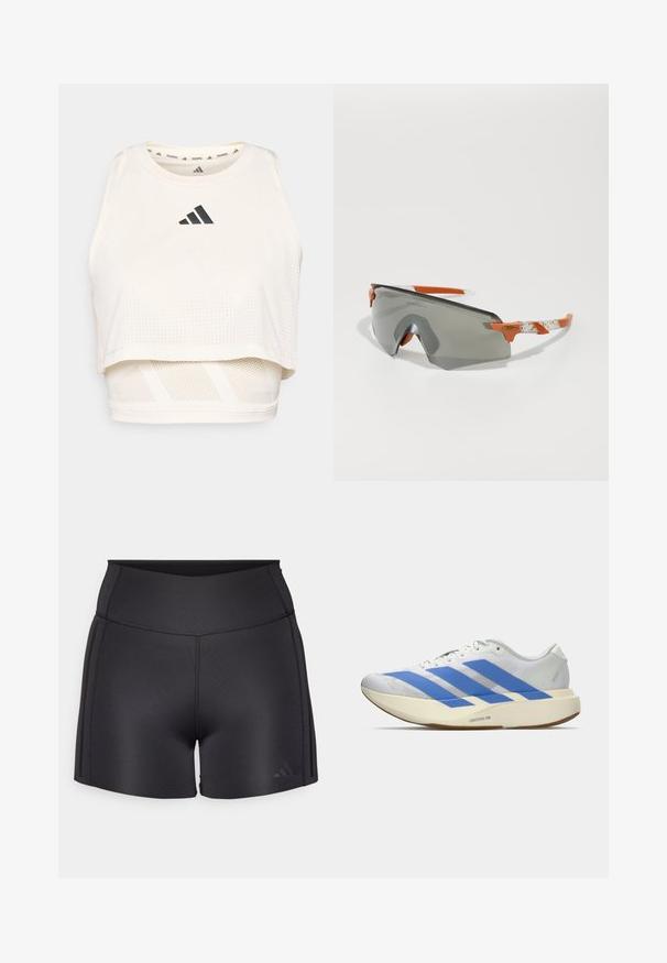 Bílý sportovní crop top vyrobený z prodyšného materiálu. Má kulatý výstřih, perforovanou texturu a černé logo na přední straně.; Černé sportovní šortky vyrobené z elastického materiálu, s vysokým pasem, plochými švy a jemným logem Adidas v dolním rohu.; Bílé sportovní boty s modrými pruhy, texturovaný svršek, plochá podrážka a branding "LIGHTSTRIKE PRO" na boku. Nízkoprofilový design.; Sportovní sluneční brýle se šedými skly, oranžovými doplňky a vzorovanými bílými rameny. Navrženy pro výkon s obepínajícím tvarem.