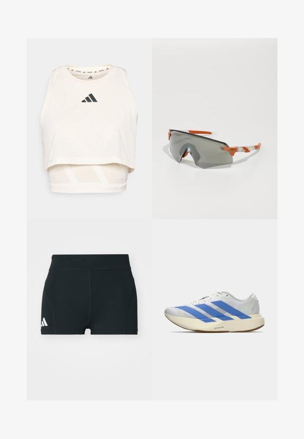 Biely športový crop tank top vyrobený z priedušného materiálu. Obsahuje okrúhly výstrih, perforovanú textúru a čierne logo na prednej strane.; Čierne atletické šortky vyrobené z elastického materiálu, s vysokým pásom, priliehavým strihom a bielym logom Adidas na ľavej strane.; Biele športové tenisky s modrými pruhmi, textúrovaný zvršok, plochá podrážka a branding "LIGHTSTRIKE PRO" po boku. Nízky profil.; Športové slnečné okuliare so šedým sklom, oranžovými akcentmi a vzorovanými bielymi ramenami. Navrhnuté pre výkon s obopínajúcim tvarom.