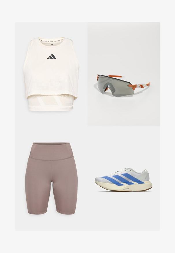 Top corto sportivo bianco realizzato in tessuto traspirante. Presenta un collo rotondo, una texture perforata e un logo nero sulla parte anteriore.; Pantaloni da ciclismo di colore taupe morbido, realizzati in tessuto elasticizzato. Presentano una vita alta con un cinturino liscio e un design senza cuciture.; Scarpa da atletica bianca con strisce blu, tomaia testurizzata, suola piatta e marchio "LIGHTSTRIKE PRO" sul lato. Design a profilo basso.; Occhiali da sole sportivi con lenti grigie, dettagli arancioni e bracci bianchi a motivi. Progettati per le prestazioni con una forma avvolgente.
