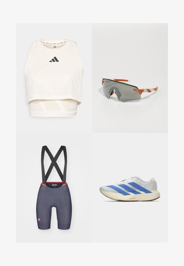 Fehér sportos crop tank top lélegző anyagból. Kerek nyakú, perforált textúrájú, és fekete logó található elöl.; Sötétkék szövetből készült férfi kerékpáros bibnadrág piros díszítéssel, sima párnával és keresztpántos felfüggesztő kialakítással.; Fehér sportcipő kék csíkkal, textúrált felső résszel, lapos talppal és "LIGHTSTRIKE PRO" felirattal az oldalon. Alacsony profilú dizájn.; Sport napszemüveg szürke lencsével, narancssárga részletekkel és mintázott fehér szárakkal. Teljesítményre tervezve, körbeölelő formával.