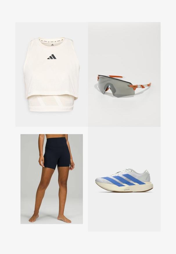 Valge sportlik lühike tanktop, mis on valmistatud hingavast kangast. Omab ümmargust kaelust, perforatsioonidega tekstuuri ja musta logo ees.; Mustad kõrge vöökohaga lühikesed püksid, mis on valmistatud elastsetest kangast, sujuva tekstuuri ja selgelt vormitud kujuga, ulatudes reie keskele.; Valge sportlik king, millel on sinised triibud, tekstureeritud ülemine osa, lame tall ja "LIGHTSTRIKE PRO" bränding küljel. Madala profiiliga disain.; Sportlikud prillid, millel on hall üheosaline objektiiv, oranžid aktsendid ja mustrilised valged käepidemed. Kujundatud jõudluse jaoks ümara kuju abil.
